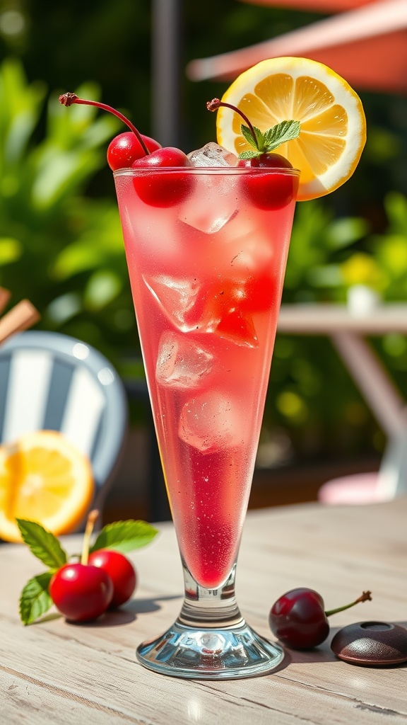 A Cherry Vodka Sour cocktail in a glass, garnished with cherries and lemon, set in a sunny outdoor environment.